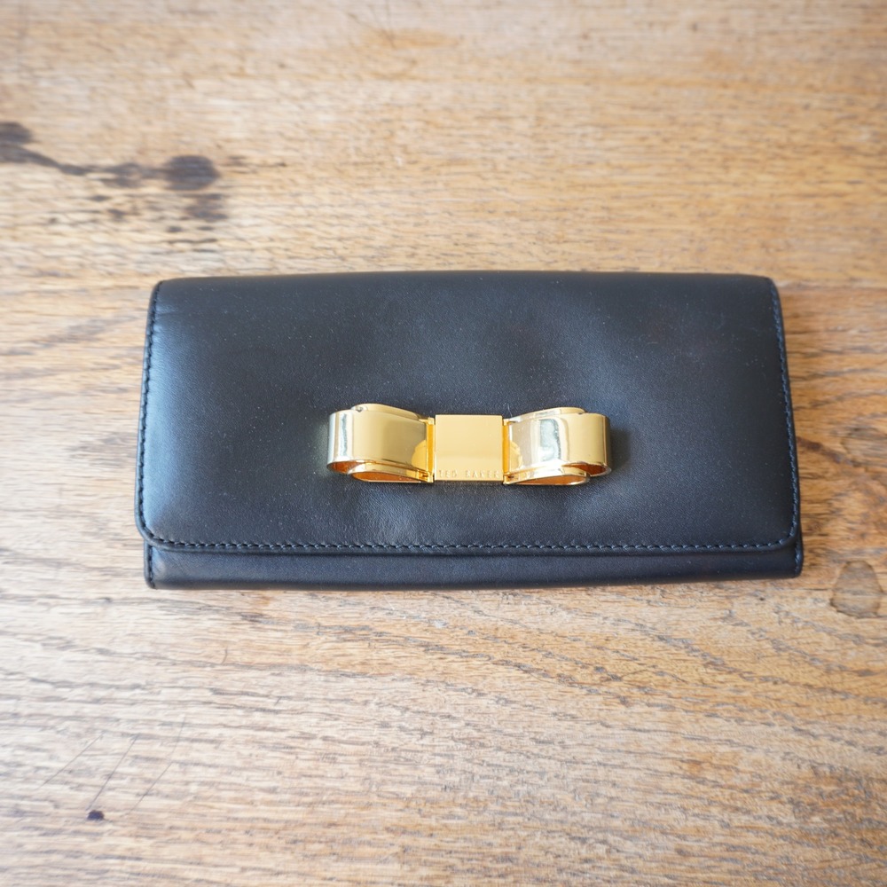 Ted Baker London Black Leather Matinee Wallet Gold Metal Bow Flap Long Clutch